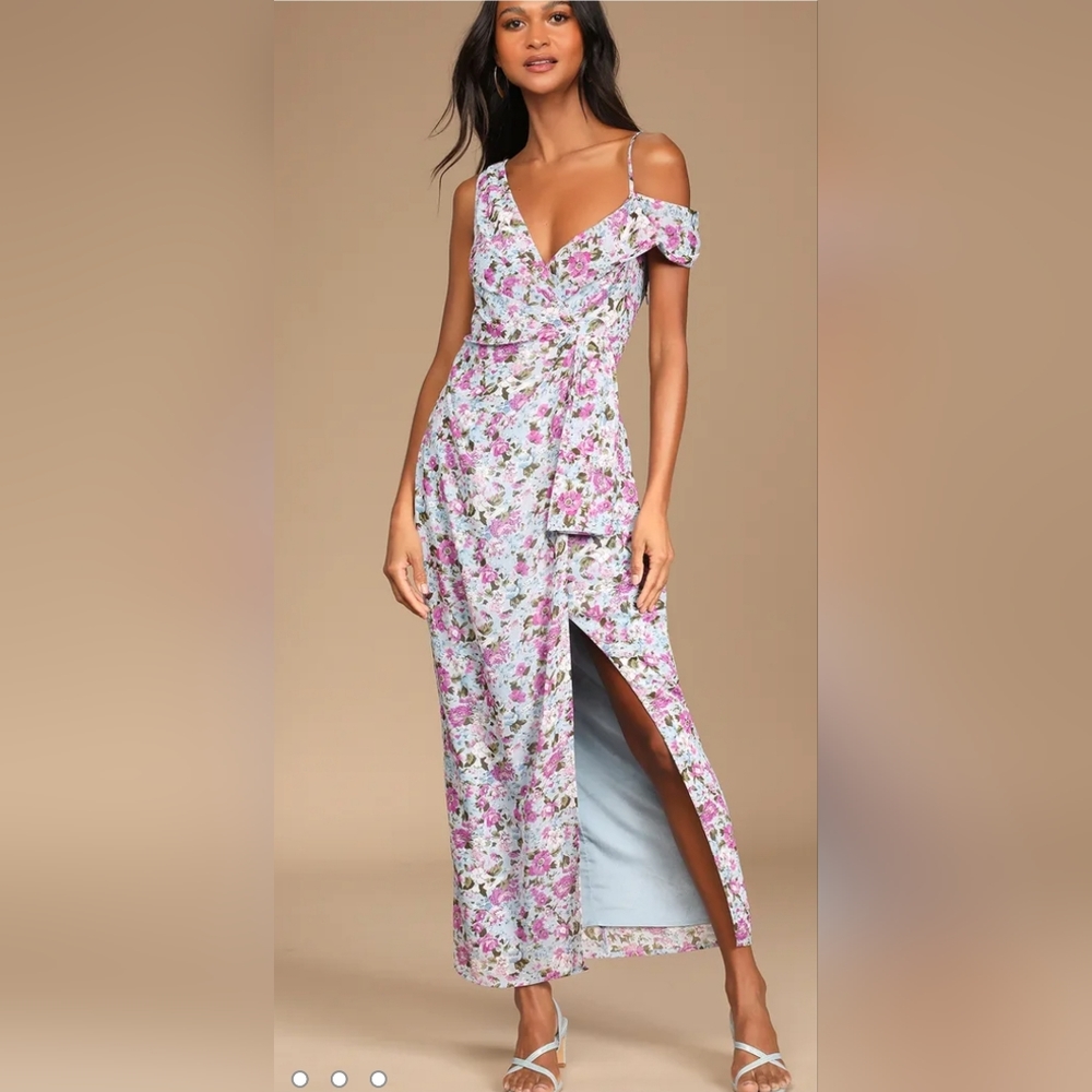 Lulus Blue Floral Print Off-the-Shoulder maxi dress